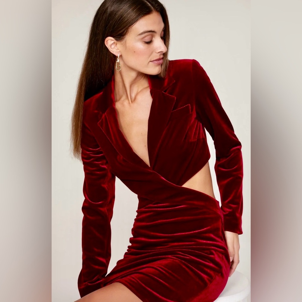 Nicholas Gabriela Long Sleeve Blazer Dress Open Waist in Oxblood Red Velvet